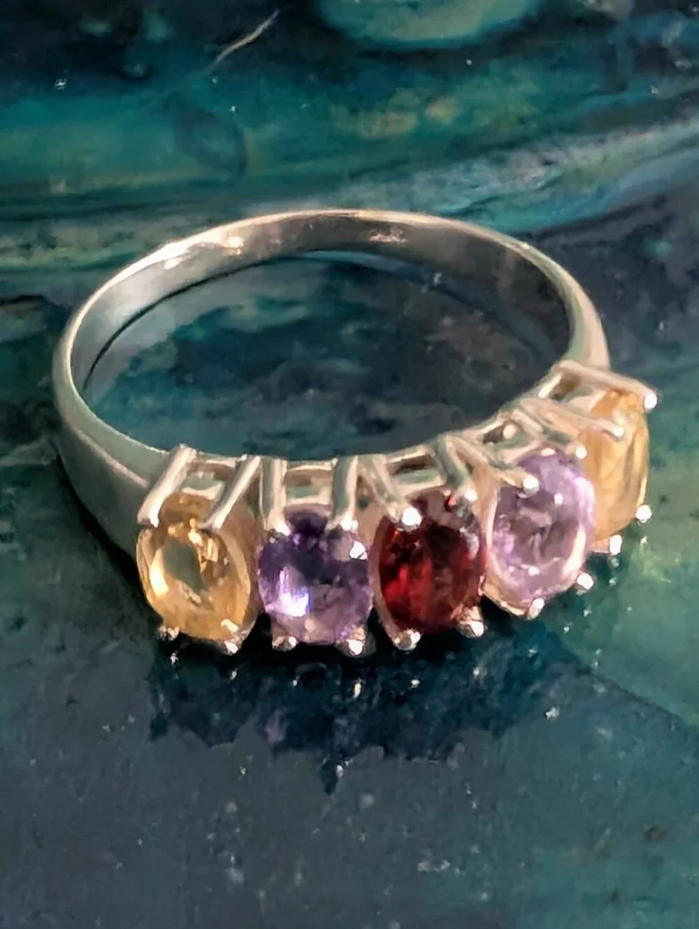 🆕 Multicolor Gemstone Band Ring Genuine Garnet Amethyst Citrine Sterling Silver